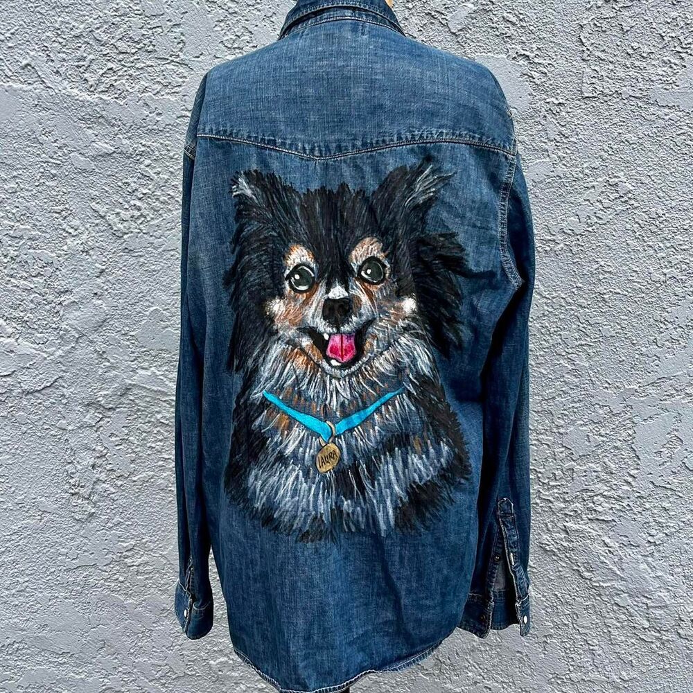 Pomerarian Dog Denim Shirt Unisex Handmade quirky
